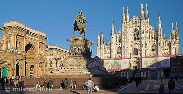 Duomo of Milan on the Duomo square with the equestrian statue of Vittorio Emanuele II